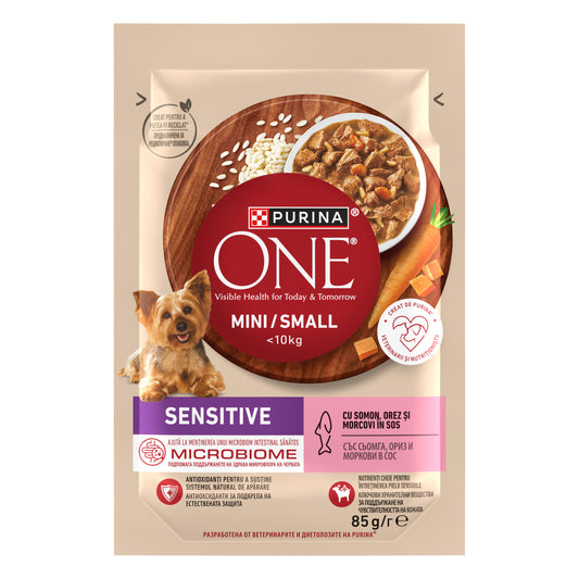 PURINA ONE® Mini Sensitive – Somon, Orez & Morcovi (85g)