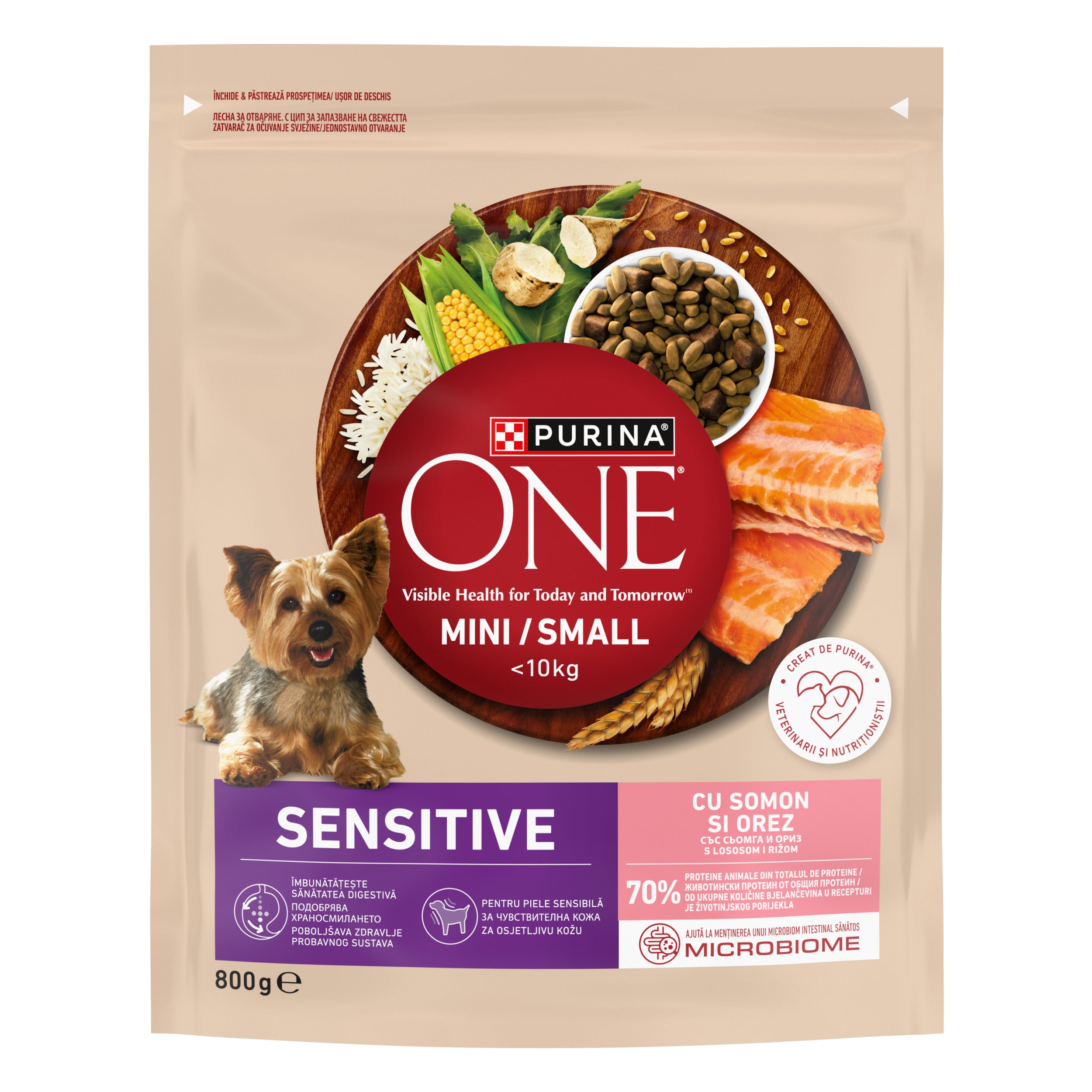 PURINA ONE® Mini Sensitive Somon & Orez – Câini talie mică, 800g