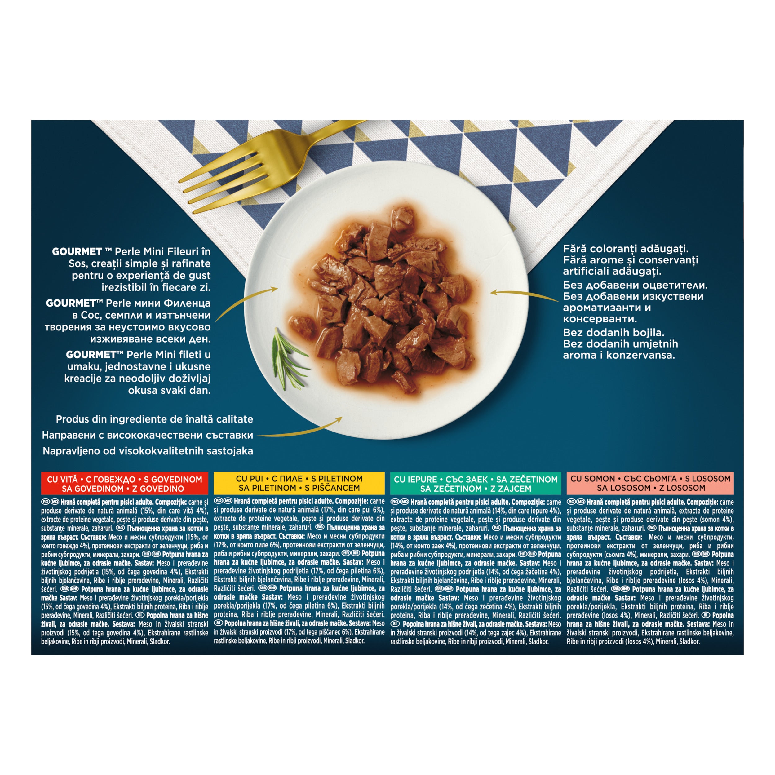 Gourmet Perle – Mini Fileuri cu Vită, Pui, Iepure & Somon în sos (12x85g)
