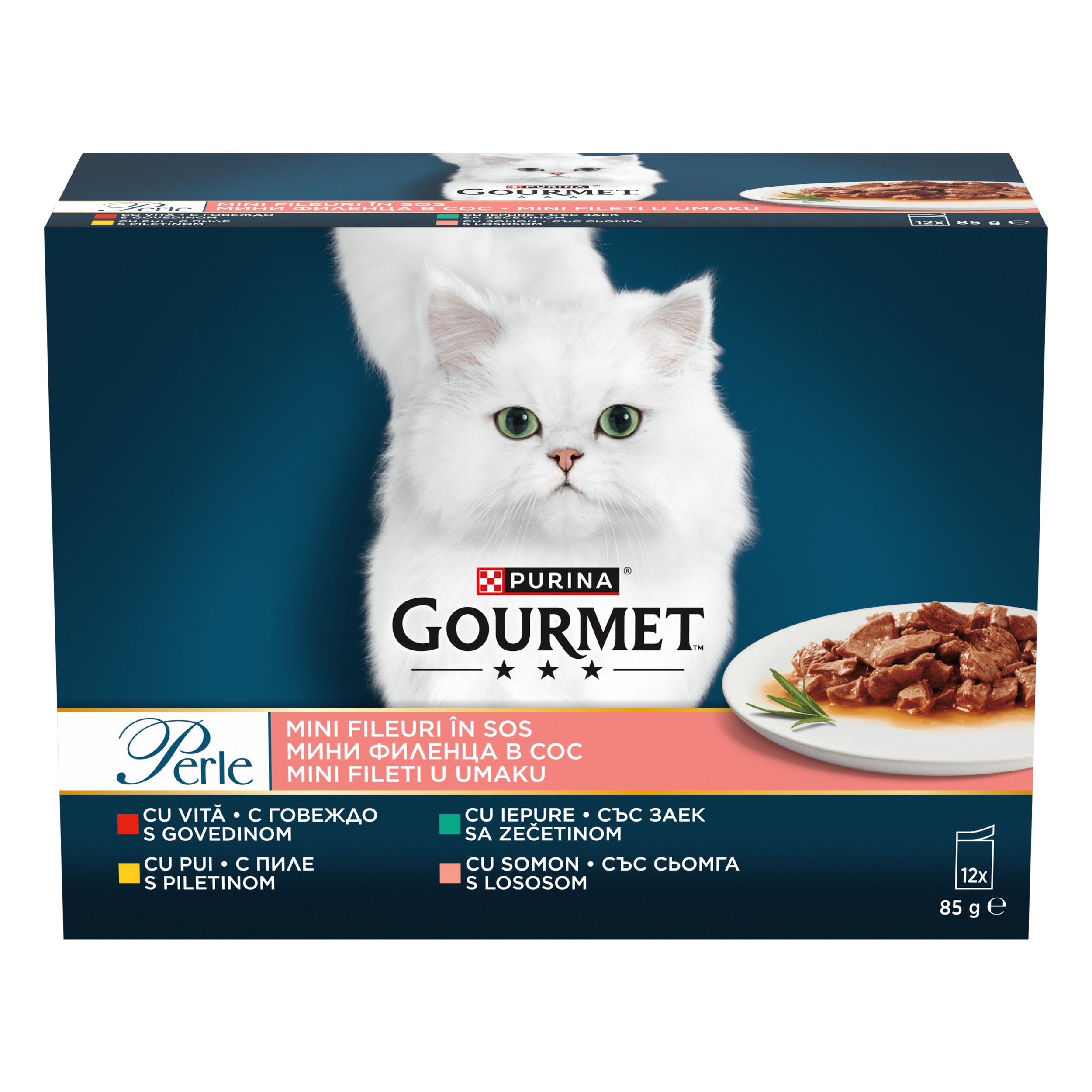 Gourmet Perle – Mini Fileuri cu Vită, Pui, Iepure & Somon în sos (12x85g)