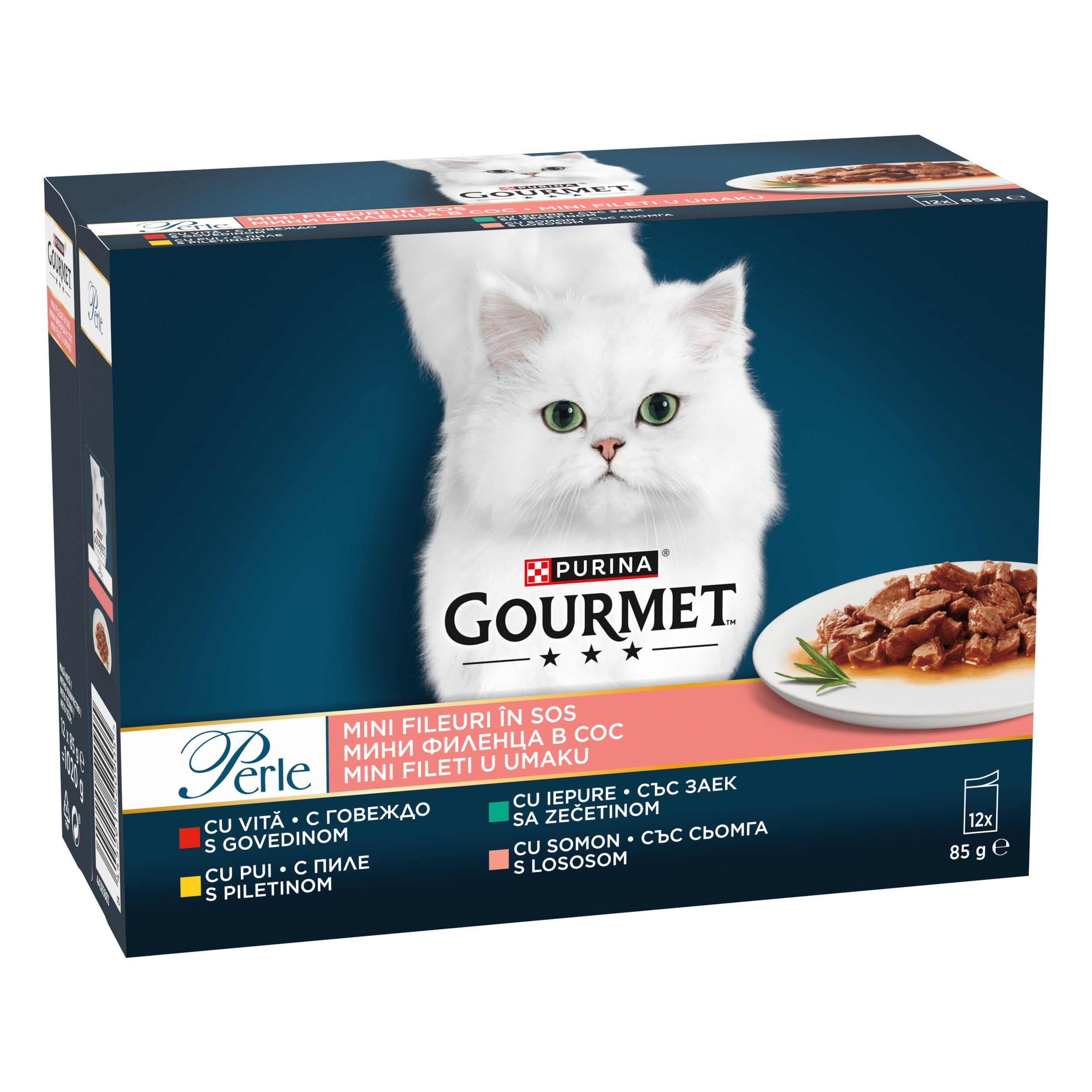 Gourmet Perle – Mini Fileuri cu Vită, Pui, Iepure & Somon în sos (12x85g)